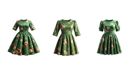 Floral Patterned Retro Green Dress Front View, Classic A-Line Silhouette, isolated on transparent background