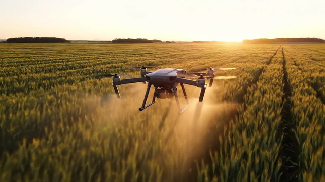 An ai-powered drone precisely sprays futuristic crops during the warm golden hour over a vast green field.