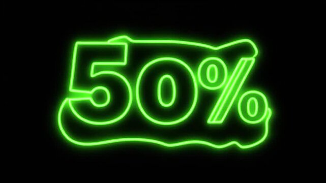 Neon 50 Percent Discount Signage on Black Background for Sale.