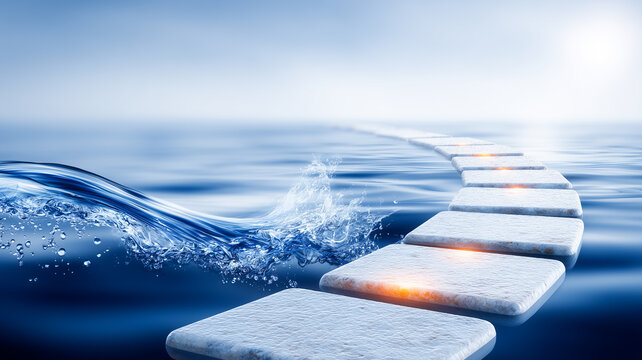 Stone pathway across water with a splashing wave representing journey resilience and achieving goals.
