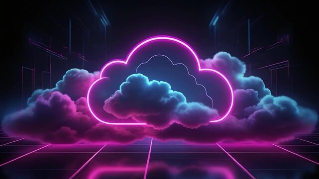 Neon cloud computing concept with glowing pink outline and futuristic grid.