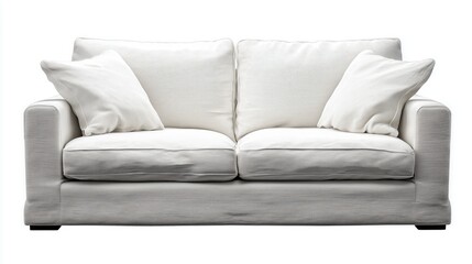 Fototapeta premium Stylish white sofa with soft cushions on a white isolate background, perfect for modern living spaces.