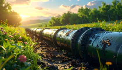 Long pipeline traverses a vibrant green field, flowers, and lush foliage under a sunny, golden sunset. Hilly background