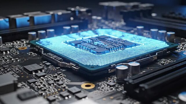 Close-up view of a powerful central processing unit glowing with vibrant blue light on a sophisticated computer motherboard, symbolizing advanced technology, artificial intelligence, and high-speed d.