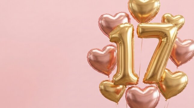 A cluster of gold and rose gold heart-shaped balloons and large number balloons forming "17" against a soft pink background.