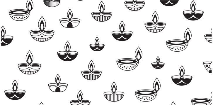 Seamless pattern with various decorative oil lamps for diwali festival on white background