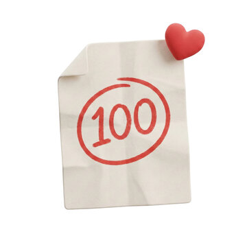 3D School Test Paper with Perfect Score Red Circle and Heart