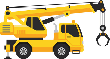 Stylized mobile crane truck illustration, yellow construction vehicle, articulated boom arm, grapple claw, heavy machinery, industrial equipment, site work © MDBELAL