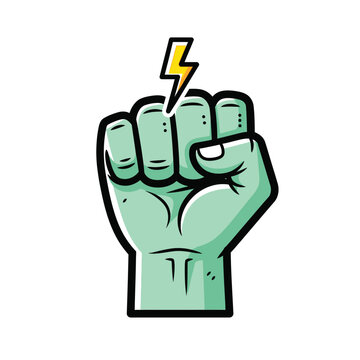 Cartoon illustration of a green fist clenched tightly holding a yellow electric lightning bolt symbol