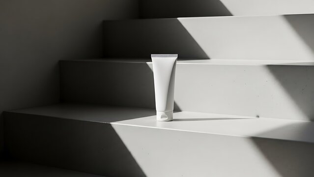 Stock Photo of White Cream Tube Mockup on Modern Stairs Cosmetic Skin Care Product Package Design Beauty Concept Hygiene Health Minimalist Shadow