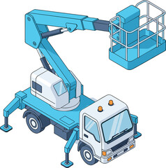 Truck mounted aerial work platform illustration, cherry picker, boom lift, hydraulic arm, safety cage, construction equipment, industrial vehicle © MDBELAL