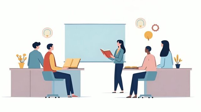 Diverse group of people learning together in a bright, modern setting