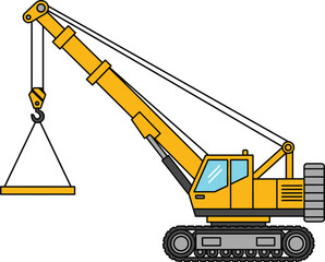 Yellow construction crane, tracked base machine, extended boom pulley, heavy lifting platform, industrial engineering equipment, hydraulic stability, operator cabin, construction site