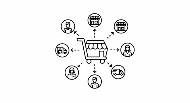 E-commerce and retail network concept with a shopping cart at the center and various business locations and delivery services radiating outward
