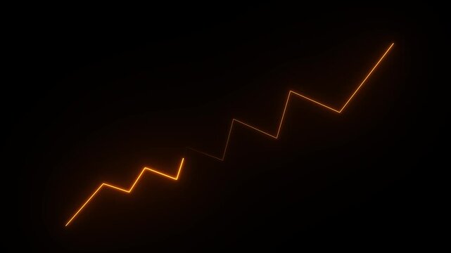 Neon orange jagged line graph ascending on black background abstract bright