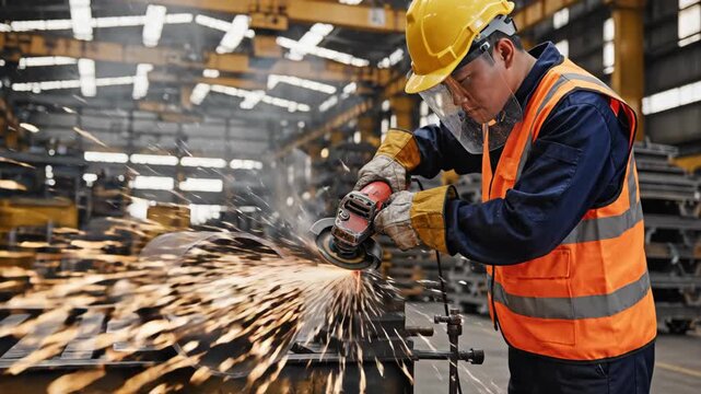 Skilled Asian man in hard hat and safety vest uses angle grinder on metal creating bright sparks in factory workshop