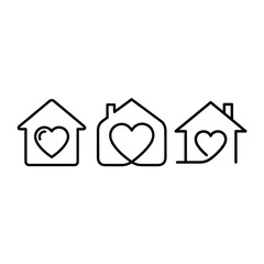 Fototapeta premium Collection of three simple line art icons depicting a house containing a heart shape inside.