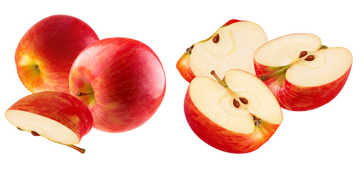 fresh red apples and apple slices, isolated on a transparent background, showcasing vibrant color...