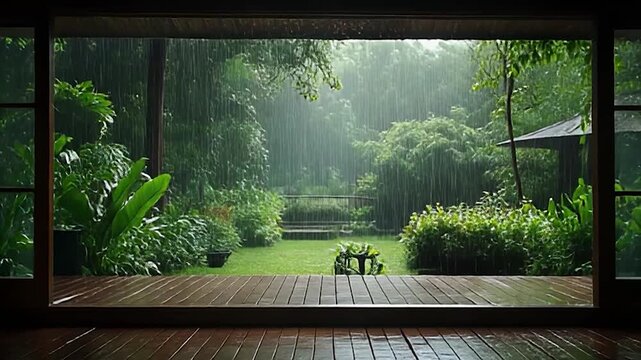 Rainy Day Garden View Through Window - Serene Nature Scene.
