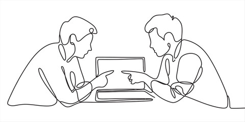 Two individuals engaging in collaborative discussion while focusing on a laptop screen