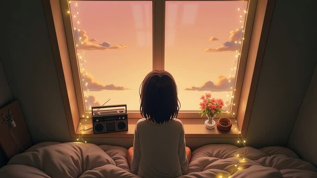 Lofi Animation. Girl contemplating peaceful golden hour sky from her cozy bedroom window