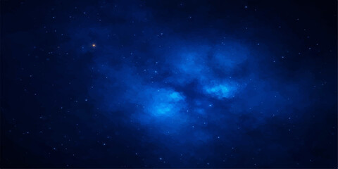 Obraz premium A deep blue nebula swirls through a dark cosmos filled with bright stars and distant galaxies in this abstract universe background