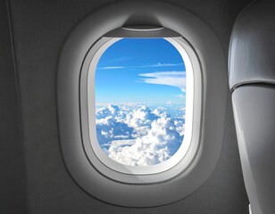 Looking out a circular window on an airplane, we see fluffy white clouds against a bright blue sky. The seat is to the right