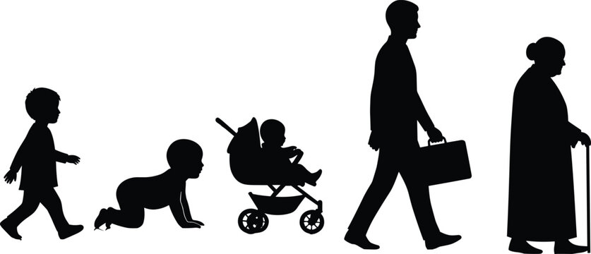 Collection of Human Life Stage Silhouettes Featuring a Walking Toddler, Crawling Baby, Infant in Stroller, Businessman, and Elderly Woman with Cane