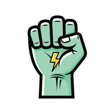Stylized green zombie fist raised high symbolizing strength power and energetic revolution