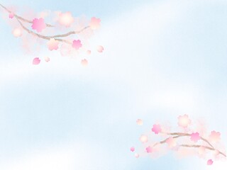 春の青空に咲く桜の花の水彩手描き背景フレーム　横 sakura design