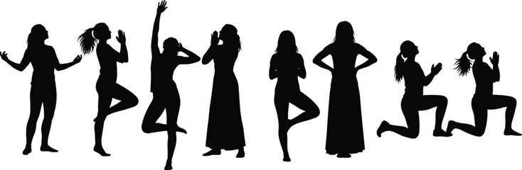 Collection of Female Silhouettes Practicing Yoga Poses, Meditation, and Prayer in Various Standing and Kneeling Positions Isolated on a White Background