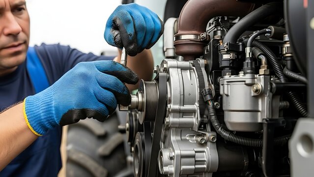 Close-up of a professional mechanic's gloved hands meticulously working on the intricate parts of an engine.