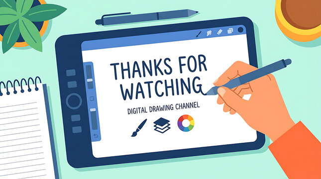 Digital Drawing Channel Outro Screen with Hand and Stylus.