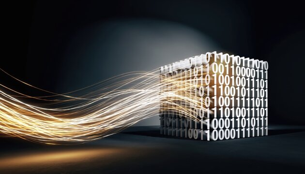 Binary code blocks dissolving into energetic light streaks representing data transformation and digital information flow