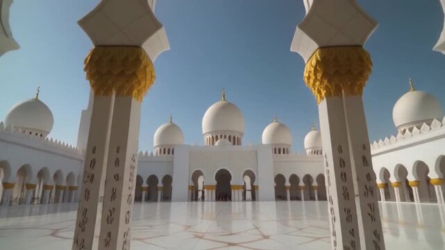 Stunning architectural view of the Sheikh Zayed Grand Mosque with beautiful arches and columns.