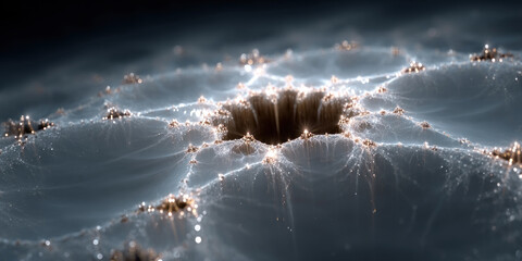 An abstract futuristic landscape reminiscent of a microscopic or cosmic structure with shimmering nodes of light and subtle energy connections.  