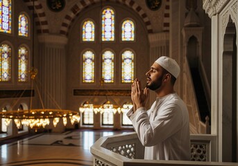 A man is calling the adhan in the mosque.
