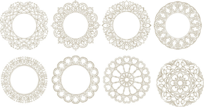 Islamic mandala frame set, ornate circular designs, floral lace patterns, decorative elements for crafts, flat vector illustration