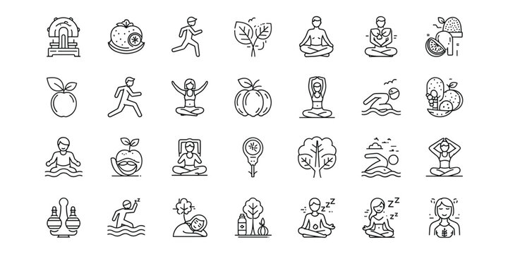 Black line of people exercising and healthy food line black and white yoga meditation