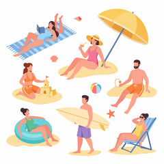 Flat vector illustration set of people enjoying various summer activities on the beach, including sunbathing, surfing, reading, and relaxing under a parasol.