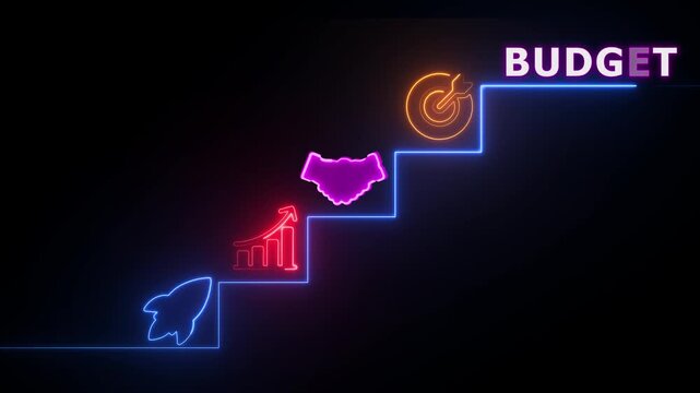 Neon budget concept with rocket graph handshake and target on stairs image photo