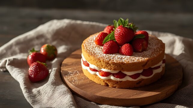 Rustic Strawberry Layer Cake with Cream on Wooden Board
