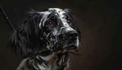 Portrait of a medium-sized dog, speckled with black and white fur, looking intently upwards. Dark background. A leash is visible
