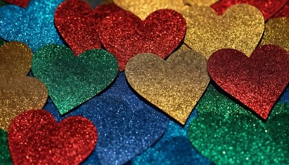 Fototapeta premium A vibrant assortment of colorful glitter hearts sparkling with festive charm