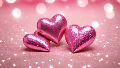 Obraz premium Sparkling pink hearts on a glitter background with beautiful bokeh lights for love and celebration