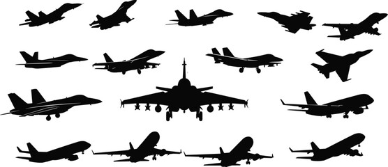 Aircraft silhouette icons, military and commercial planes, vector illustration, black design, minimal layout, aviation symbols, flight shapes