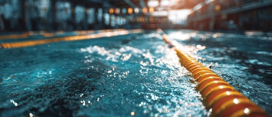 Close-up view of swimming pool lane divider in indoor setting with blurred background showing lanes and water movements