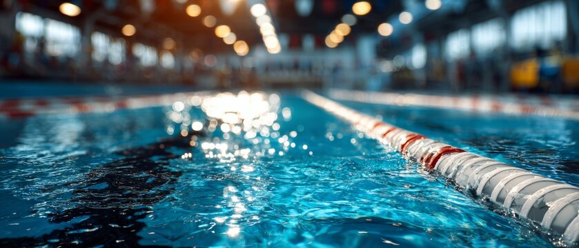 Close-up view of swimming pool lane divider with blurred background in indoor swimming facility during daylight hours