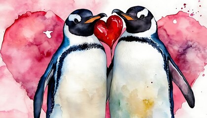 Adoring Penguins Sharing Vibrant Red