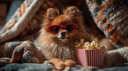 Cute animal wearing red glasses eats popcorn from a striped container while sitting on a cozy blanket enjoying entertainment time